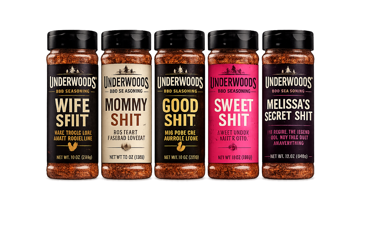 The full Underwoods seasoning lineup: Wife Shit, Mommy Shit, Good Shit, Sweet Shit, and Melissa's Secret Shit
