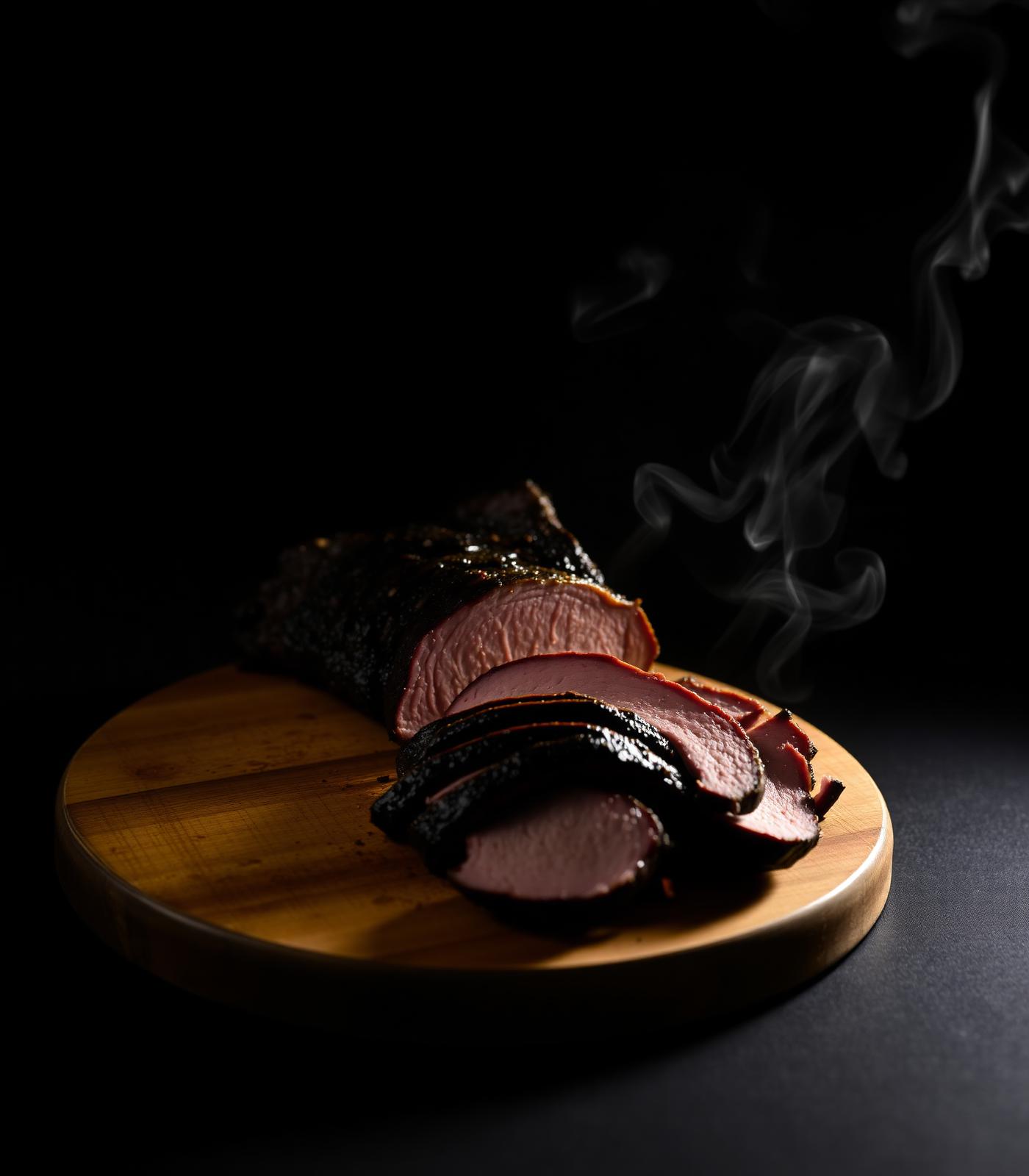Smoked brisket sliced on a wood board